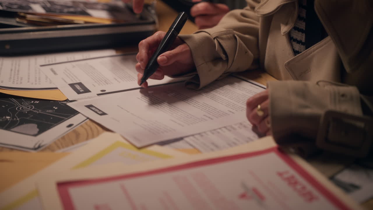 agents or detectives reviewing and discuss classified documents, desk. sensitive paperwork marked "confidential". espionage, investigation, top-secret intelligence. crime, spy, or conspiracy content.