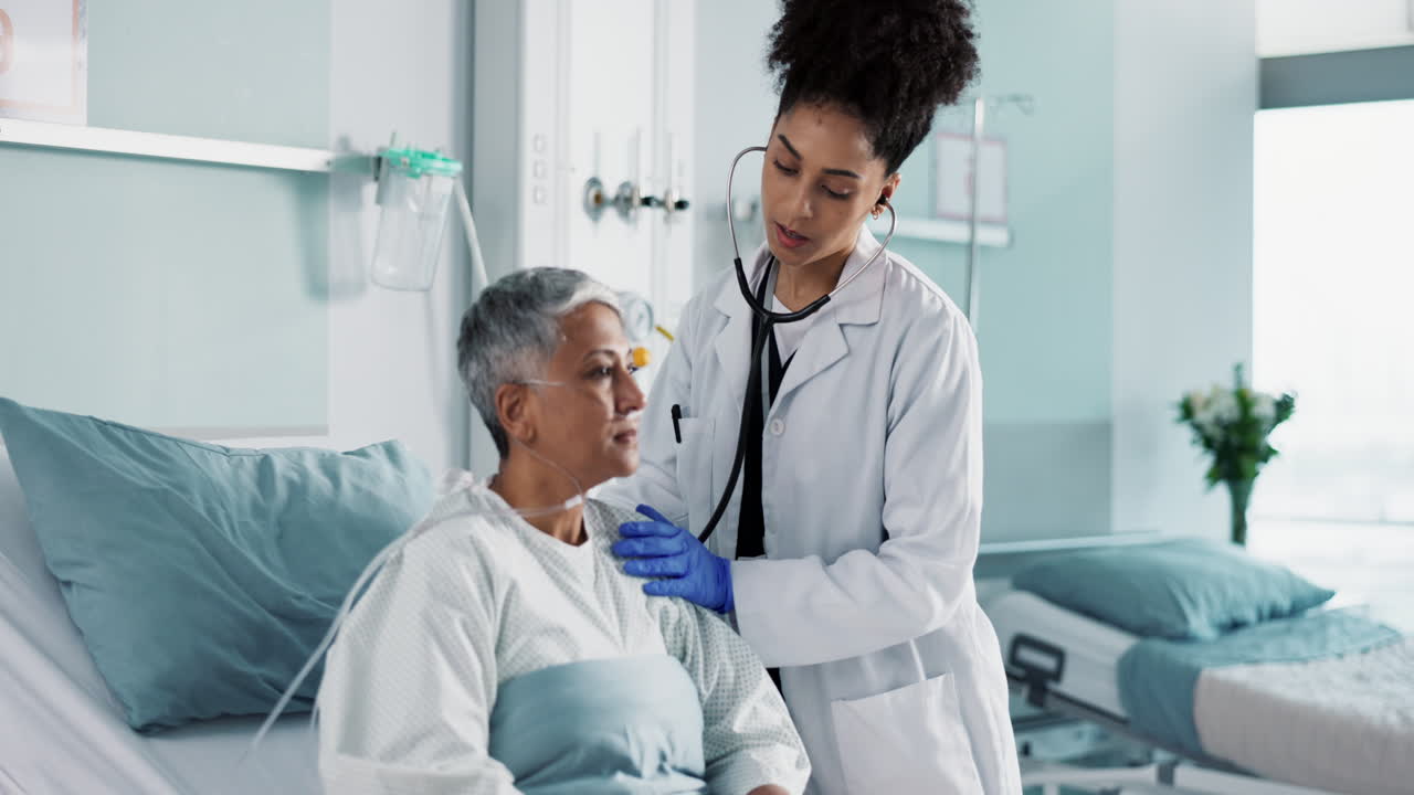 Hospital, doctor and patient breathing