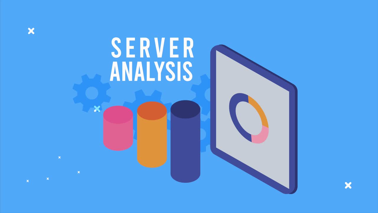 data server analysis animation with tablet and bars statistics