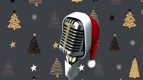 Animation-of-microphone-with-santa-claus-hat-over-trees-on-grey-background