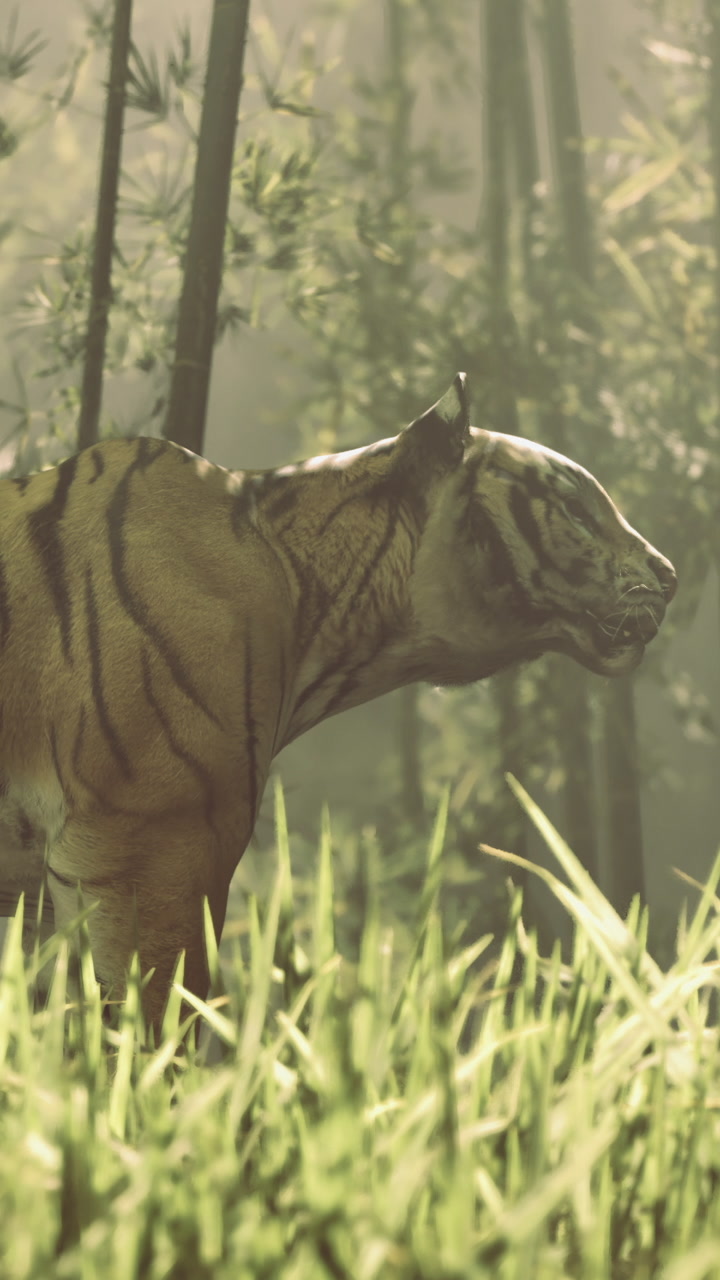 Tiger walks through tall grass in a forest during daylight hours