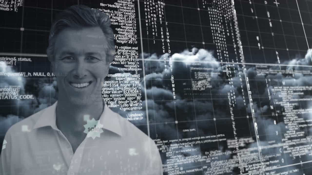 animación de un hombre de negocios sonriendo sobre el procesamiento de datos contra las nubes