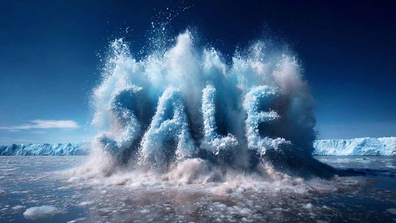 Dynamic Waves of Oceanic Energy Create a Stunning Visual Representation of a 'SALE' Message, Formed by Powerful Water Splashes Against a Backdrop of Ice and Sky