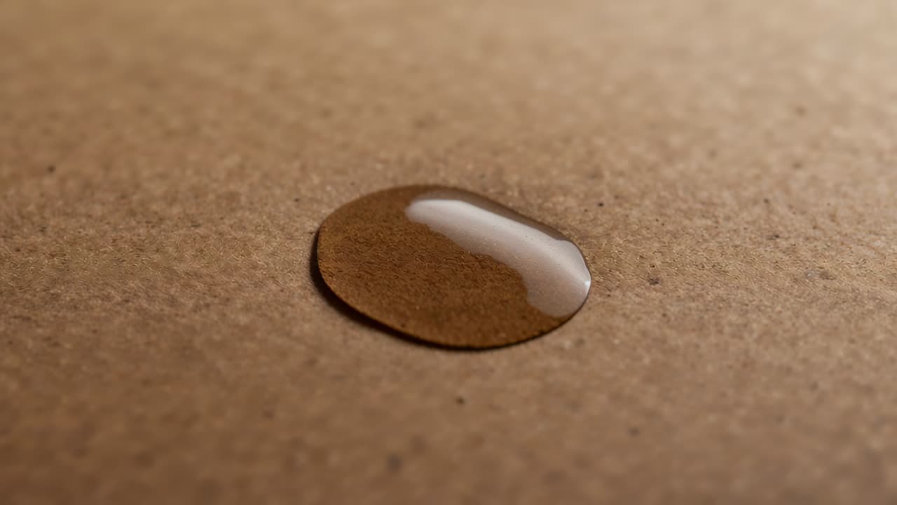 Recording macro camera shifting angle and focus on brown paperboard, showing droplet highlight