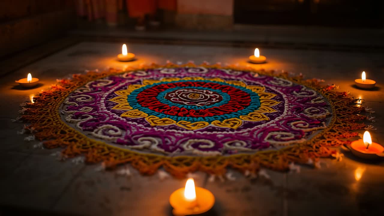 Flickering diyas casting dancing highlights across colorful rangoli at home entryway on tiled floor