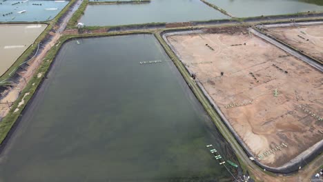 Aerial-drone-dolly-tilt-down-shot-of-industrial-shrimp-farm