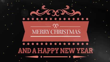 Merry-christmas-and-happy-new-year-text-banner-against-yellow-spots-floating-on-black-background