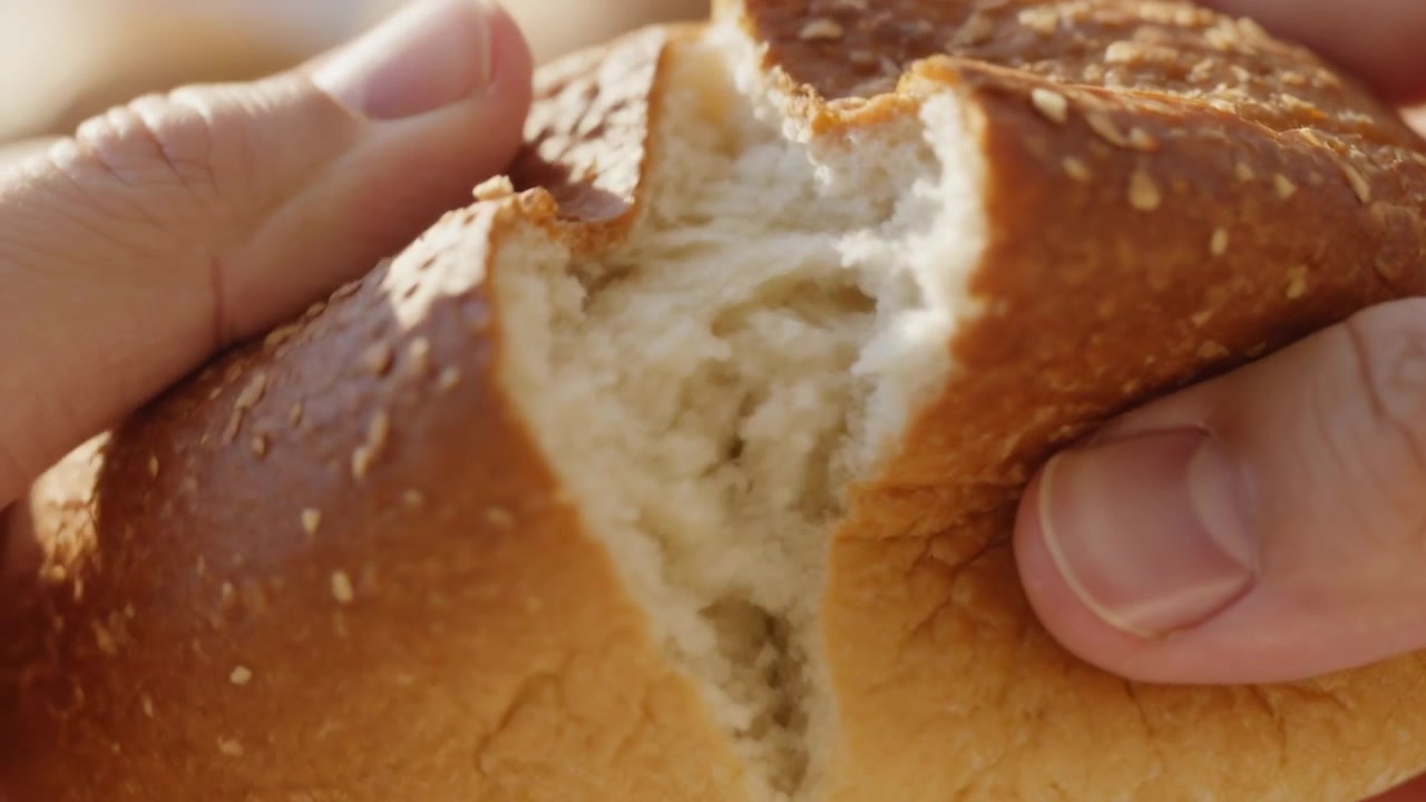 Thumbs pressing, two adult hands splitting sesame roll on bakery counter, revealing soft crumb