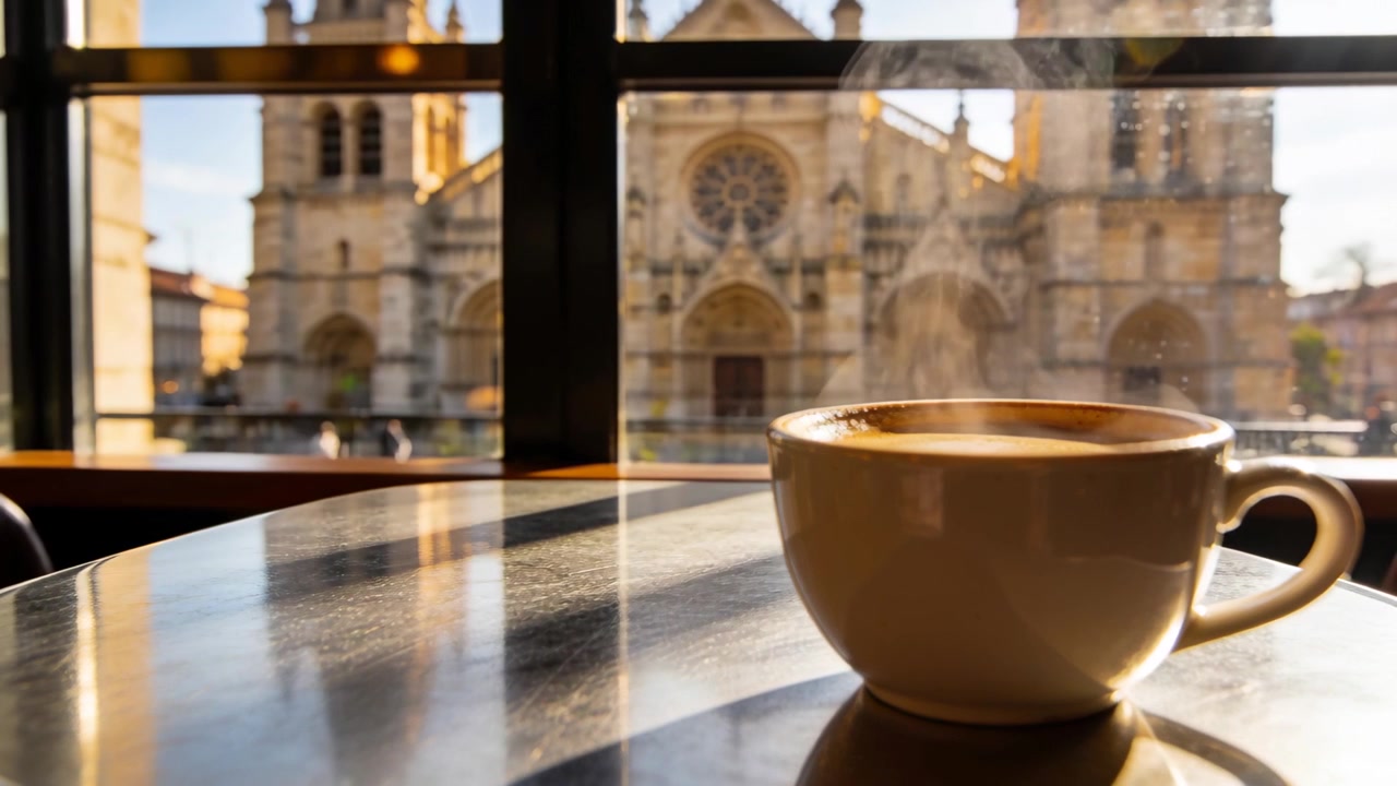 La fotocamera mette a fuoco mostrando una tazza bianca fumante su un tavolo alla finestra di un caffè, con la chiesa che si staglia sullo sfondo, spazio per il testo.