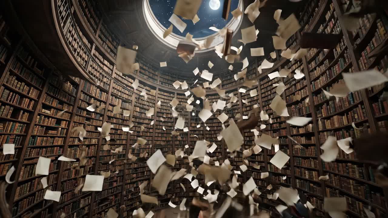 Enchanted Circular Library with Flying Pages and Cosmic View
