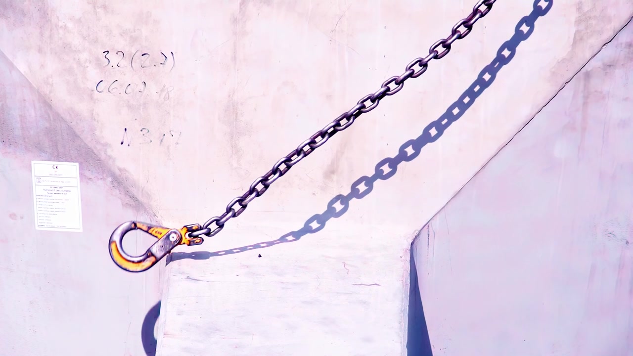 Catena metallica con gancio a forcella che viene tirata verso l'alto, proiettando un'ombra sul muro.