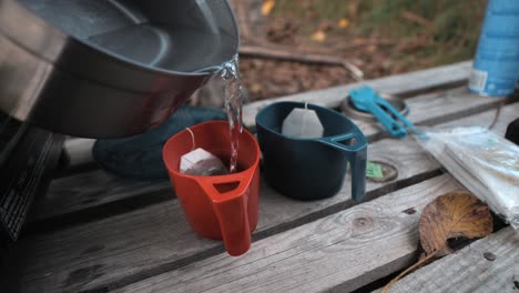 Sirviendo-Té-Con-Galletas-En-La-Naturaleza,-Al-Aire-Libre,-Acampando