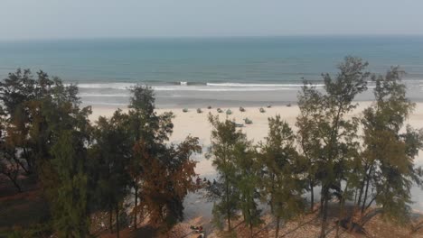 local trung thanh beach at vietnam with fishing vessels and trees, aerial