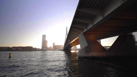 view from below the erasmus bridge, looking at a bright sky