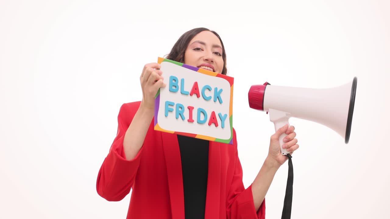 Woman Announcing Black Friday Sale with Megaphone and Sign