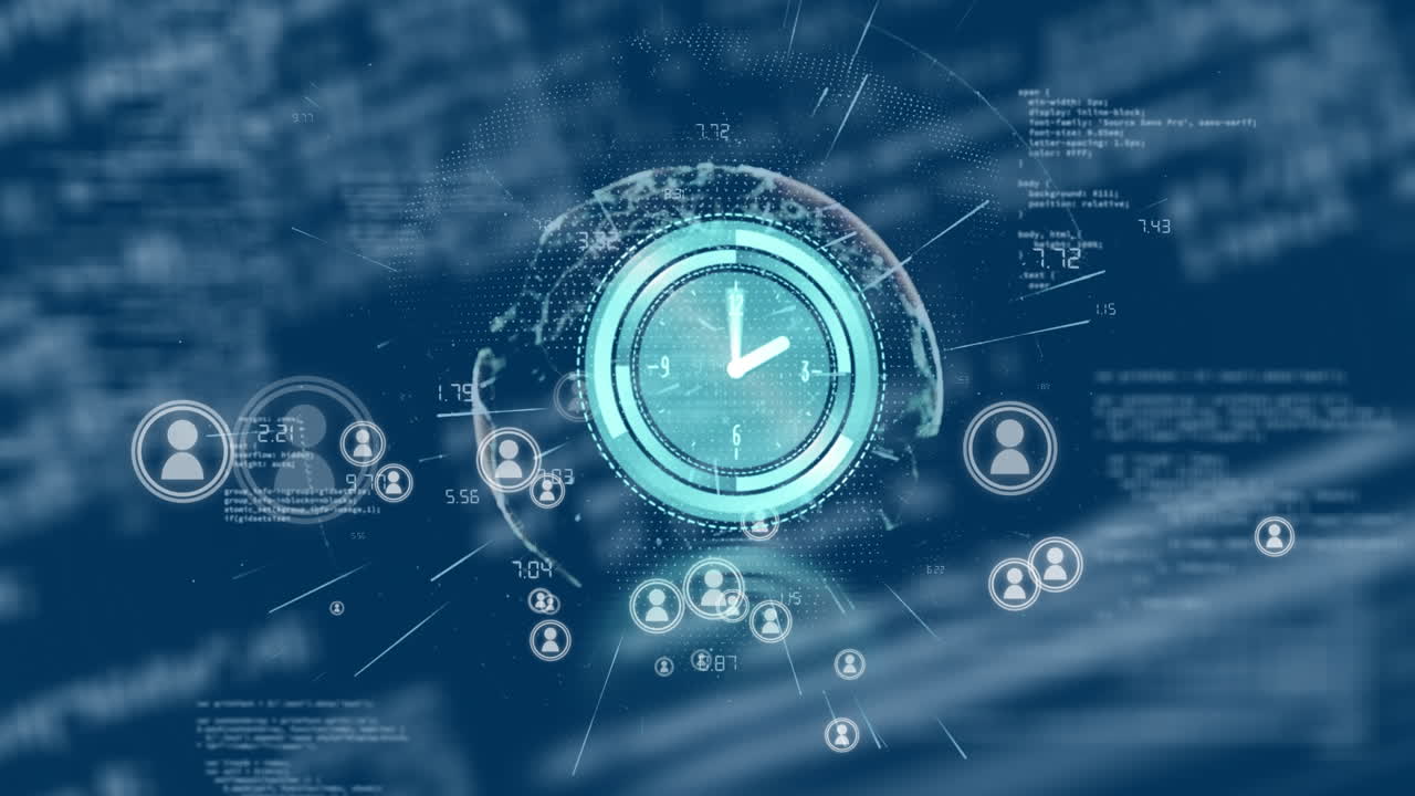 Animation of clock moving over globe, glitch, data, icons and navy background