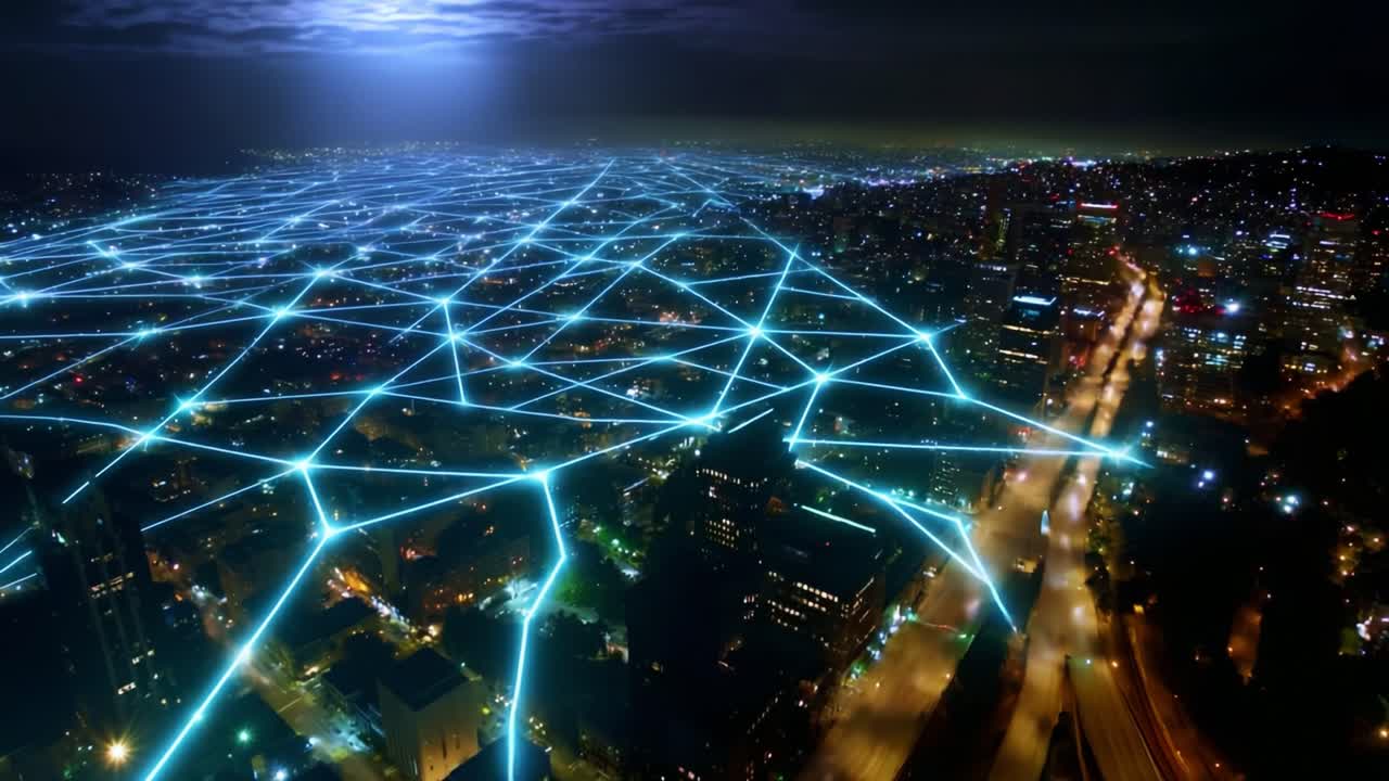An Aerial View of a Futuristic Urban Landscape Illuminated by a Network of Glowing Lines, Representing Connectivity, Technology, and a Vibrant City Life Underneath the Night Sky