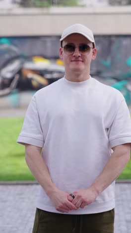 vertical shot of shocked male wearing white shirt, sunglasses and cap