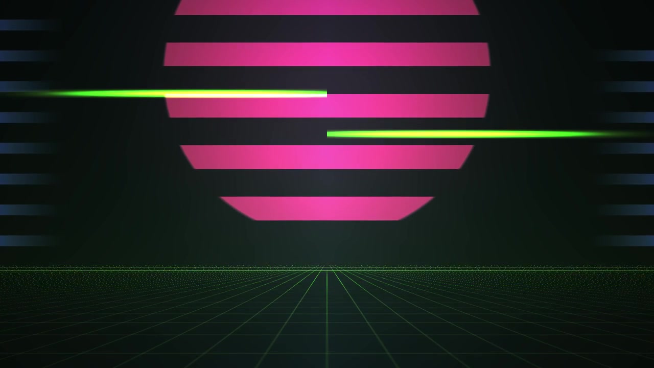 Sfondo a Griglia Retro Synthwave con Sole a Strisce Rosa e Laser