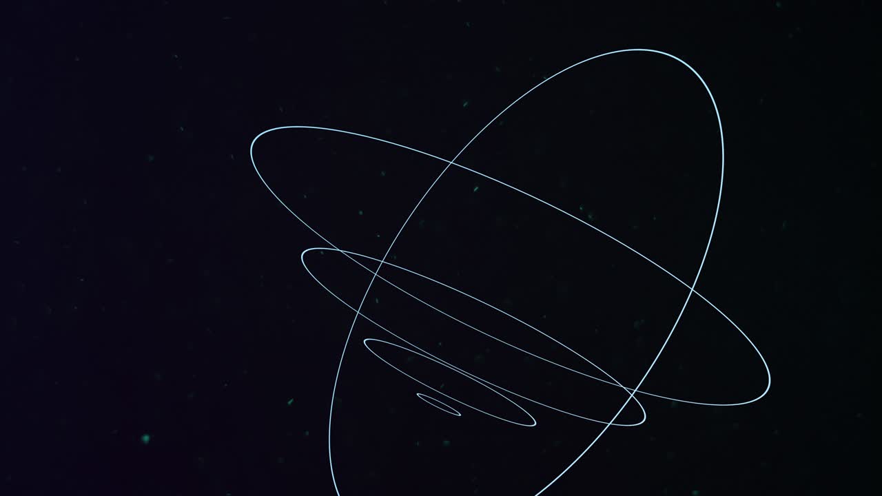 Blue neon abstract spiral circles in space with fly glitters