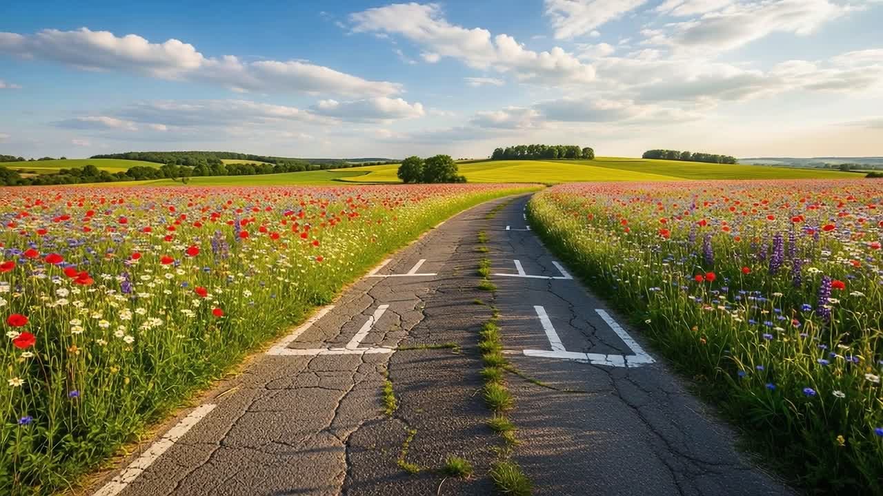 A Serene Journey Through Blossoming Fields: Captivating Views of a Cracked Road Surrounded by Vibrant Flora and Rolling Green Hills Under a Sunny Sky