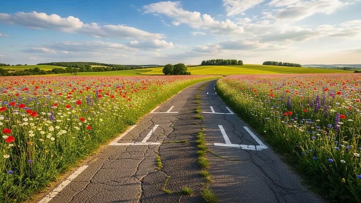 Un Viaggio Sereno Attraverso Campi Fioriti: Panorami Incantevoli di una Strada Crepata Circondata da Flora Rigogliosa e Dolci Colline Verdi Sotto un Cielo Soleggiato
