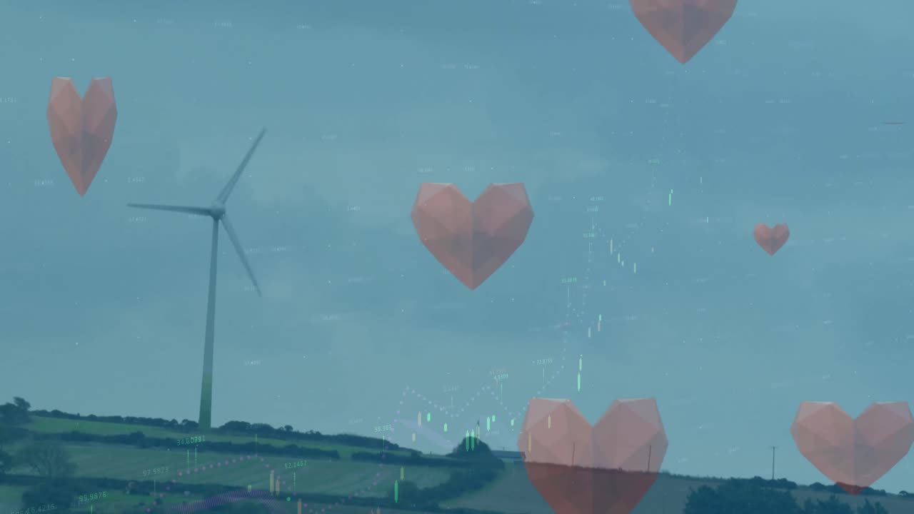 풍력 터빈으로 풍경 위에 떨어지는 심장의 애니메이션