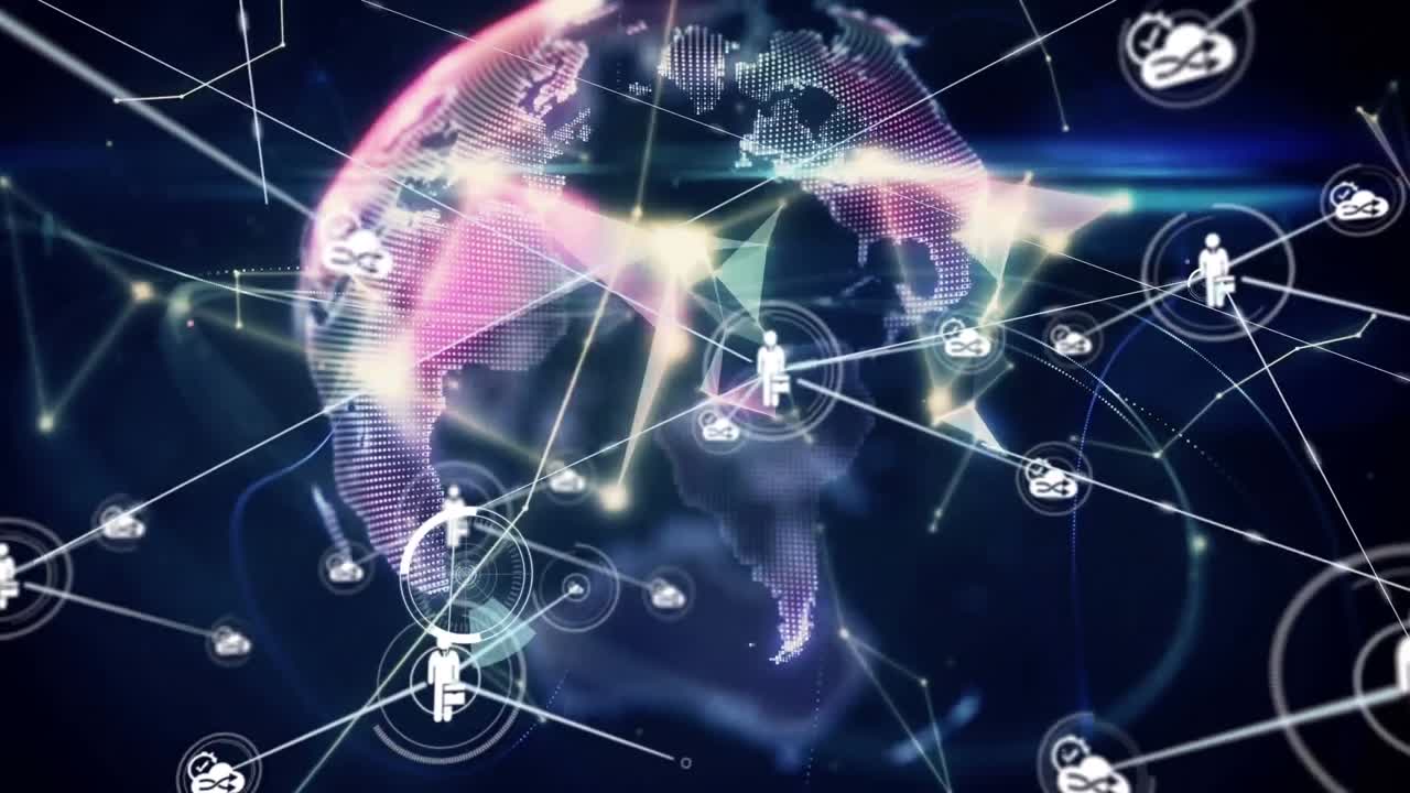 회전하는 지구 위의 아이콘으로 연결된 애니메이션