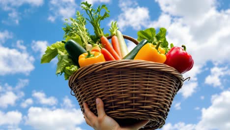 wicker basket brimming with colorful farm fresh vegetables, displaying vibrant carrots, zucchini, peppers, lettuce against bright blue sky