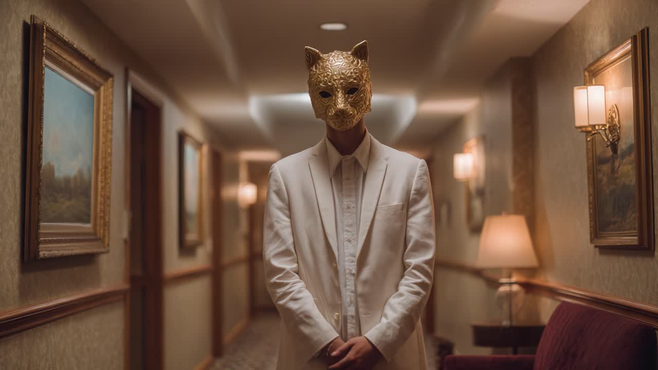 A Mysterious Figure in a Gold Cat Mask Stands in a Vintage Hotel Corridor, Blending Elegance and Intrigue with Its Striking Presence and Atmosphere