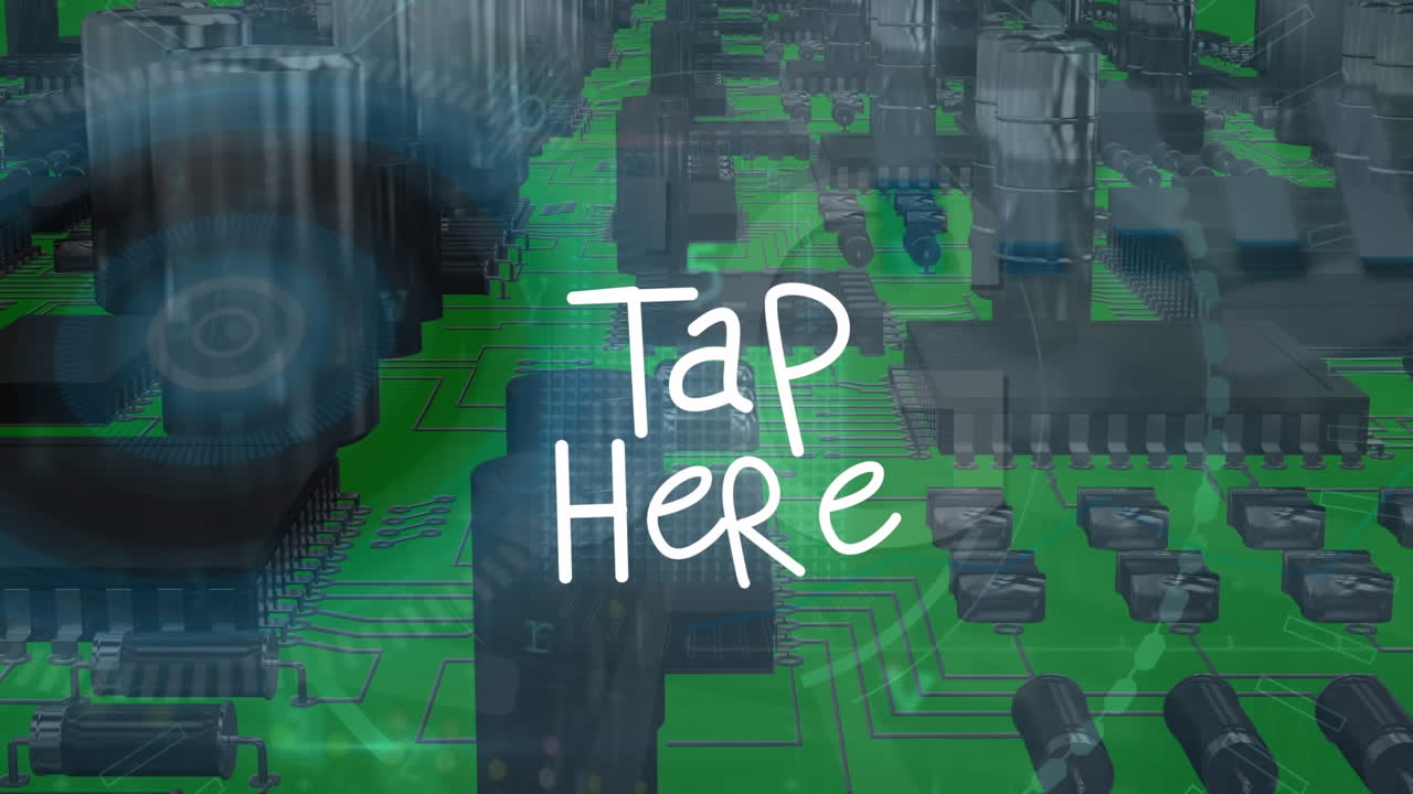 여기 의 애니메이션, 전자 회로 보드의 3d 모델에 대한 광선으로 텍스트