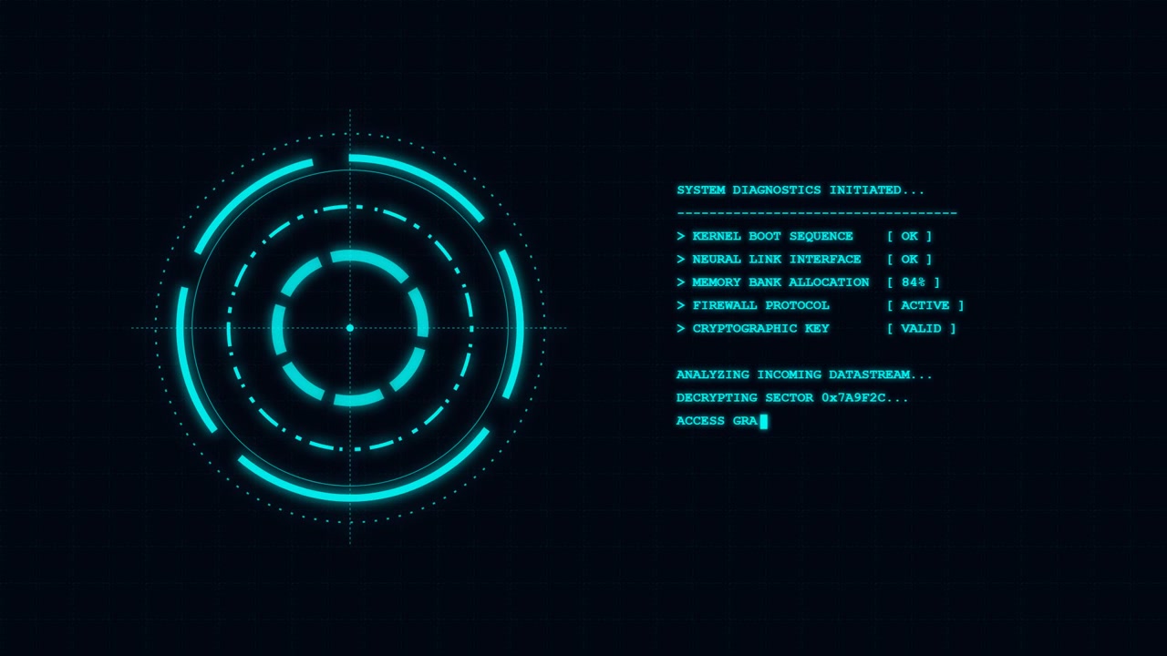 Futuristic Digital Interface Displaying System Diagnostics and Data Processing