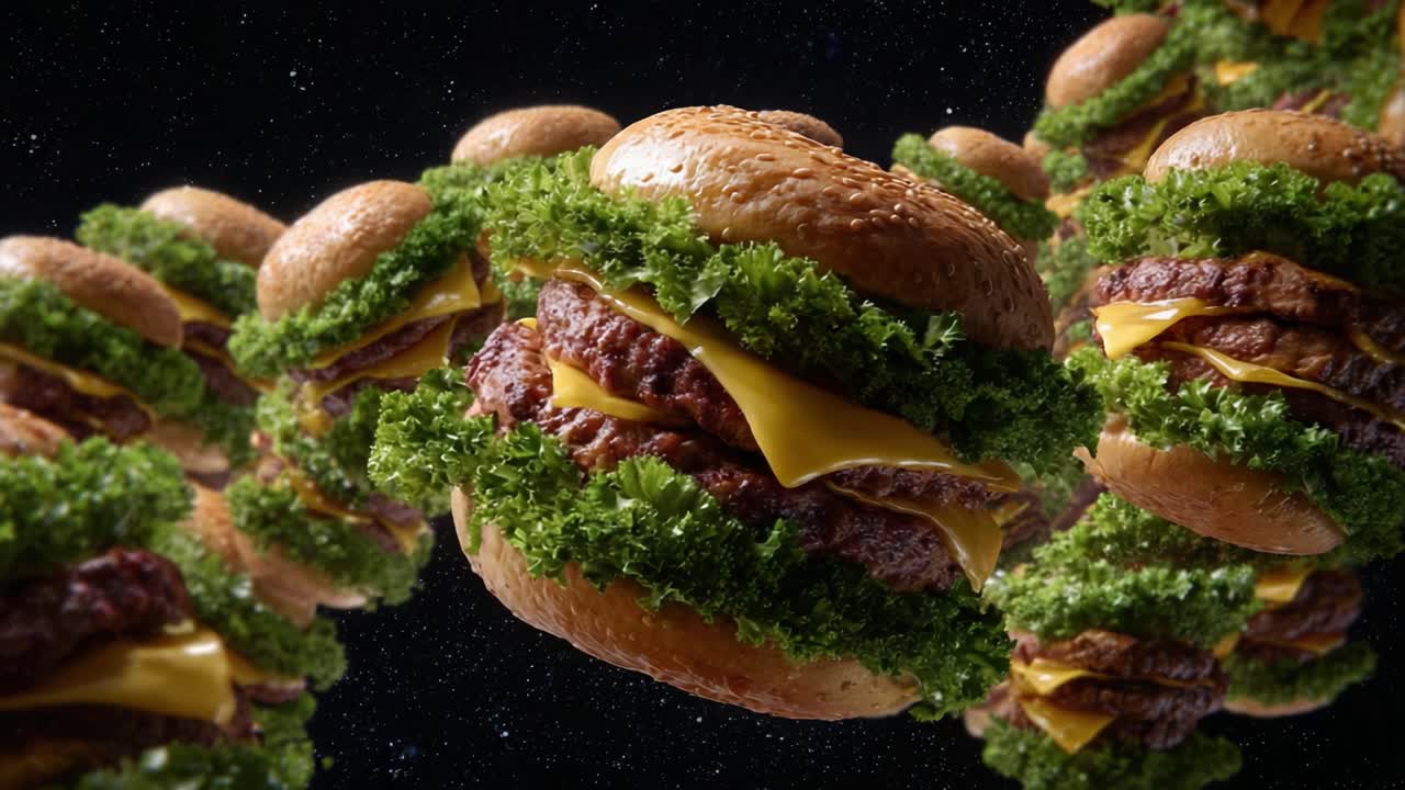 A Fascinating Spectacle of Floating Burgers: The Cheesy Delight Surrounded by Lush Lettuce and Tantalizing Beef in a Cosmic Setting