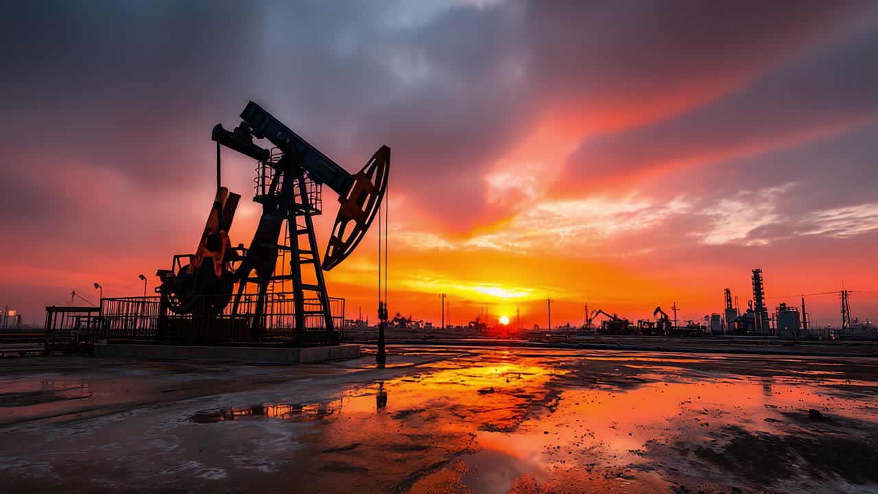 Solnedgang over olieboreplatform: En betagende udsigt over himlen og maskineri oplyst af en levende solnedgang ved et industrielt olieudvindingssted