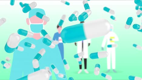 Animación-De-Medicamentos-Cayendo-Sobre-Trabajadores-De-La-Salud-Que-Usan-Una-Máscara