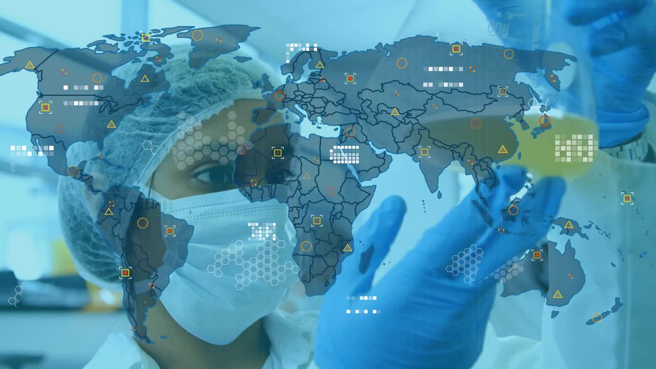 Female lab scientist raising flask while inspecting sample, world map overlay growing with icons
