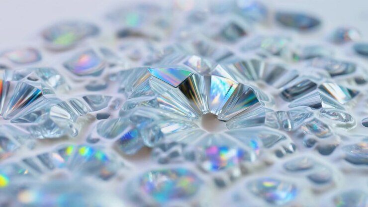 Perline cristalline scintillanti e riflettenti, in una vista ravvicinata di una superficie, con accenti bianchi e blu, e un'atmosfera elegante e scintillante.