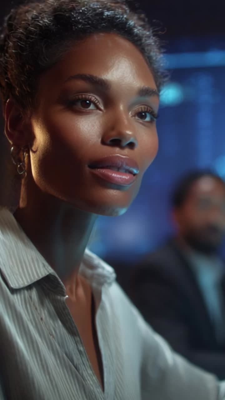 A confident woman engaged in an insightful conversation, showcasing a blend of professionalism and charisma in a modern tech-oriented environment