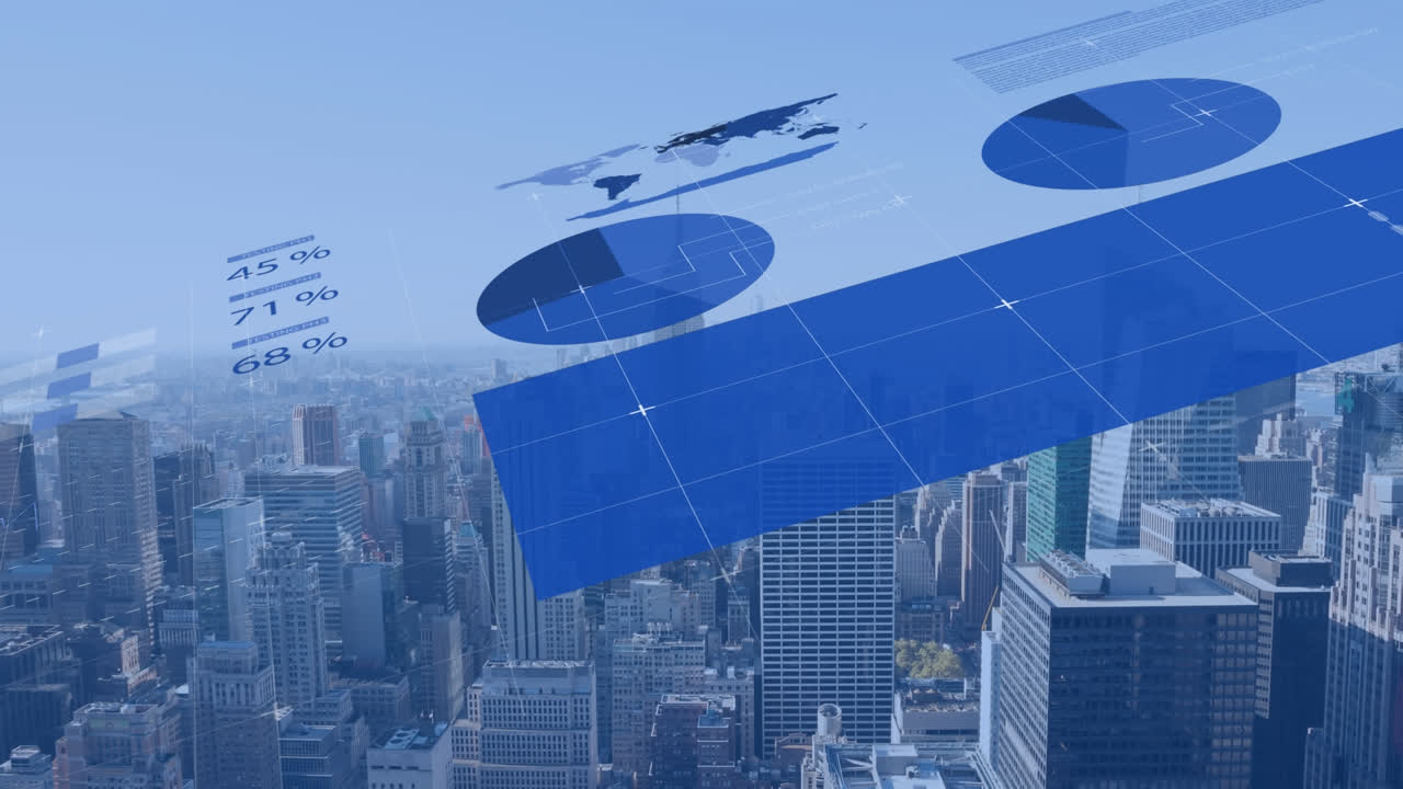 도시 풍경의 공중 뷰를 통해 통계 데이터 처리의 애니메이션