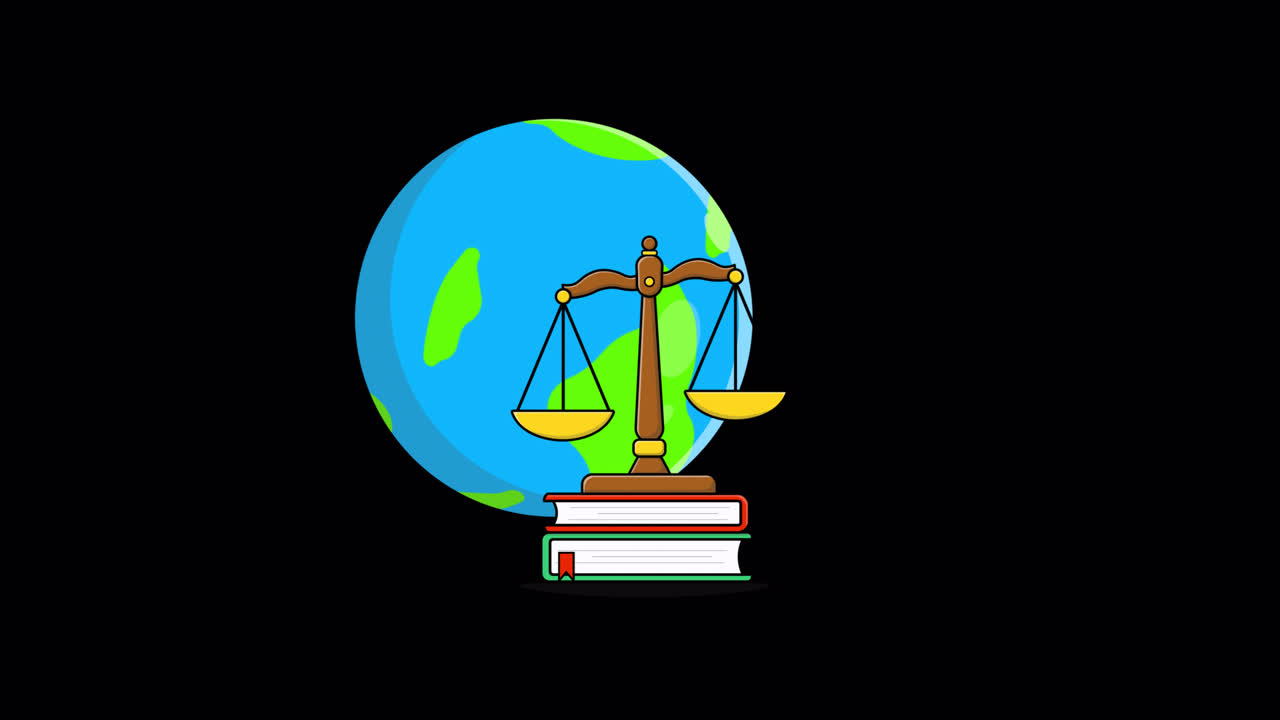 Animazione di globo, libri e bilancia della giustizia.