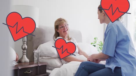 animación de corazones con cardiógrafo sobre una mujer caucásica médico y paciente