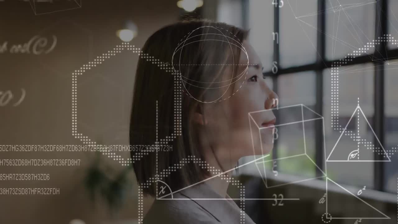 사무실에서 생각하는 아시아 사업가 여성에 대한 수학 방정식의 애니메이션