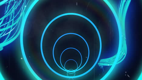 concentric neon blue circles animation over dark background with abstract shapes