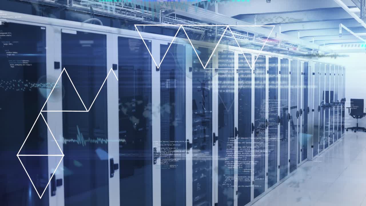 Animation of triangles, radar and computer language over server room
