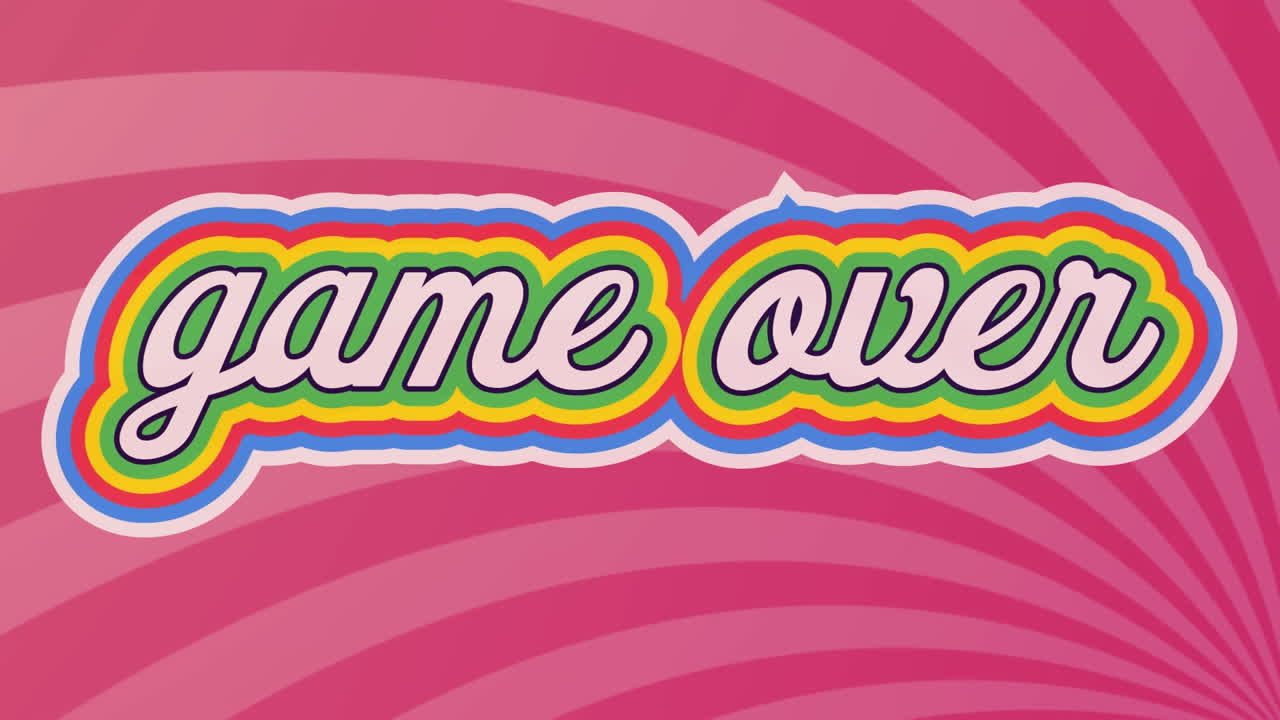 핑크색 방사선 배경에 무지개 그림자 효과와 함께 텍스트 위에 게임의 디지털 애니메이션