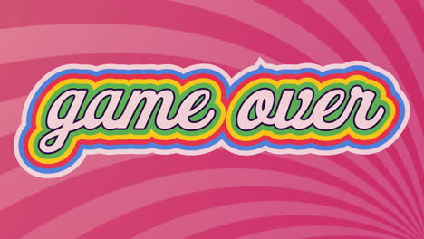 animación digital del juego sobre texto con efecto de sombra de arco iris contra un fondo radial rosa