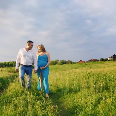 Hombre-Y-Mujer-Embarazada-Caminando-En-Pradera