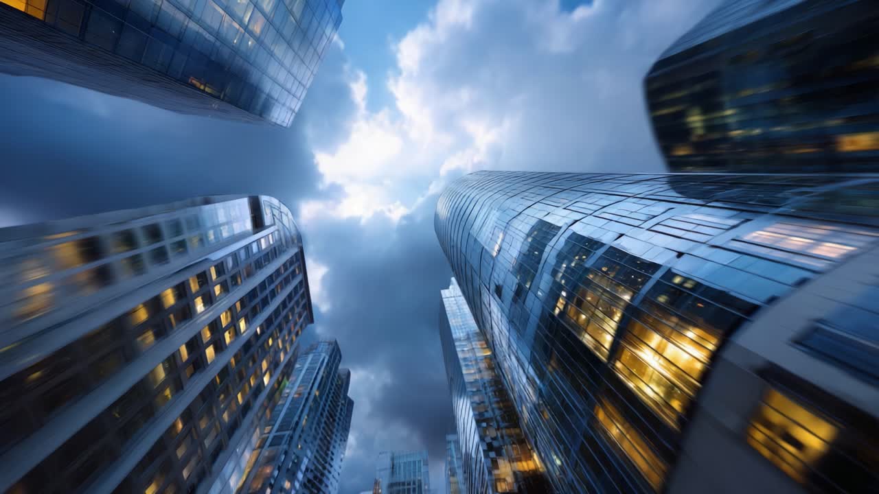 Céu dramático sobre a cidade: uma vista cativante de arranha-céus sob nuvens escuras e fachadas de vidro iluminadas, capturando a atmosfera urbana e a beleza do crepúsculo