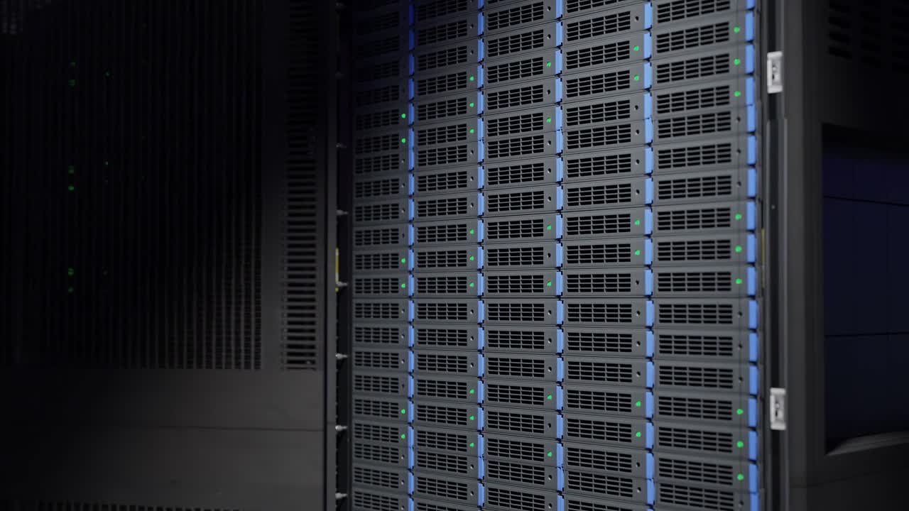 Close-up of server rack cooling fans and modular hardware units in data center with purple lighting. High-performance computing infrastructure and digital storage system. Cybersecurity