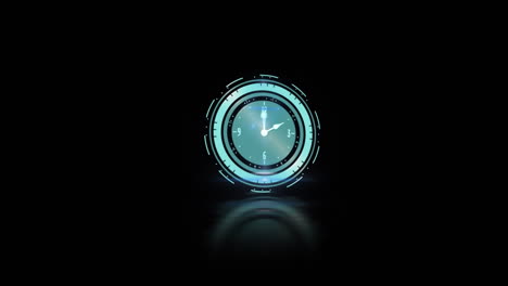 animation of clock with turning hands and blue smoke explosion, on black background